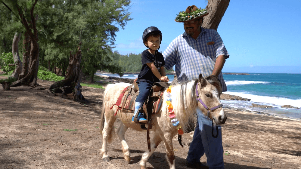 child riding a pony on the beach